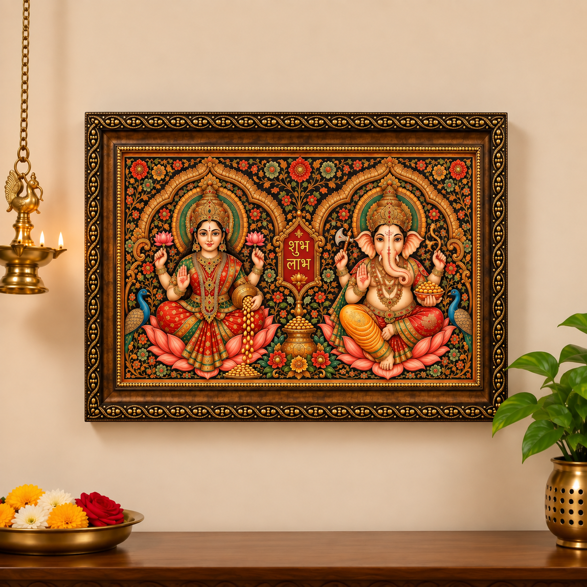 Divine Laxmi Ganesha Traditional Wall Art Framed Painting