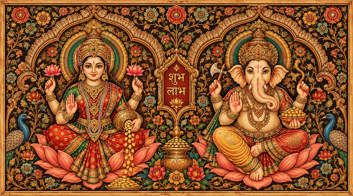 Divine Laxmi Ganesha Traditional Wall Art Framed Painting